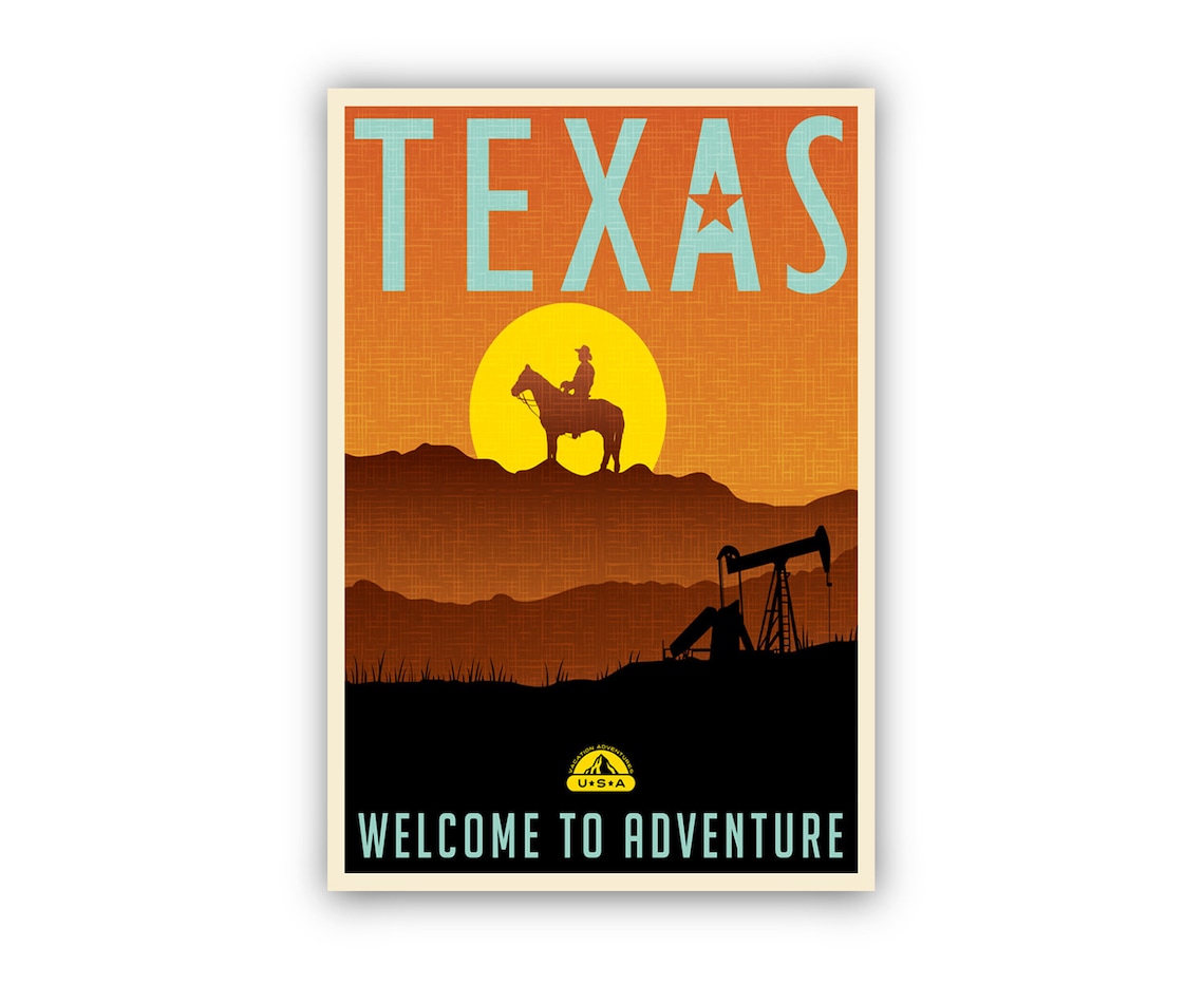 Texas Cowboy Sunset Silhouette Oil Field Retro Adventure Travel Poster - Image 2