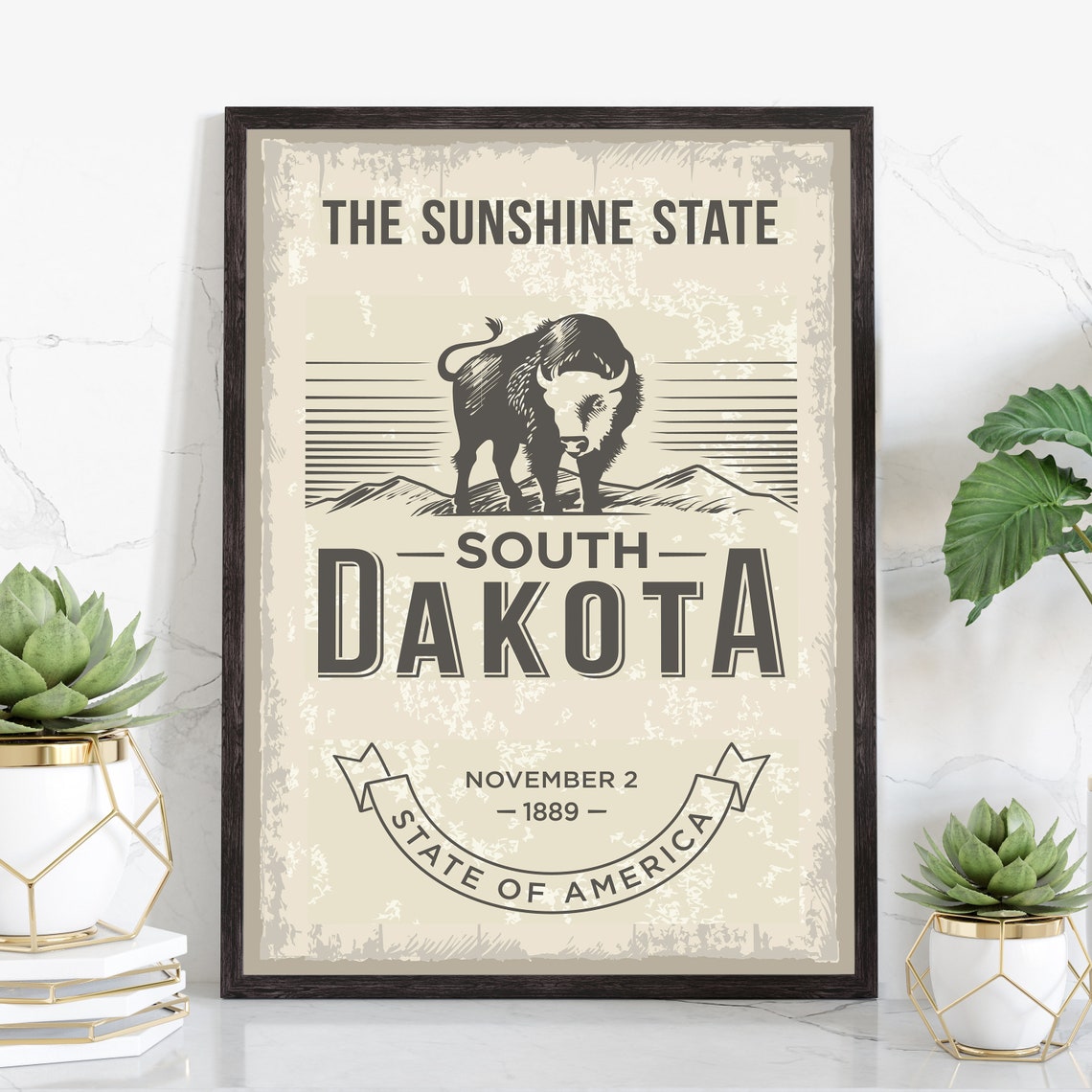 South Dakota Sunshine State Bison Vintage Retro State Emblem Poster