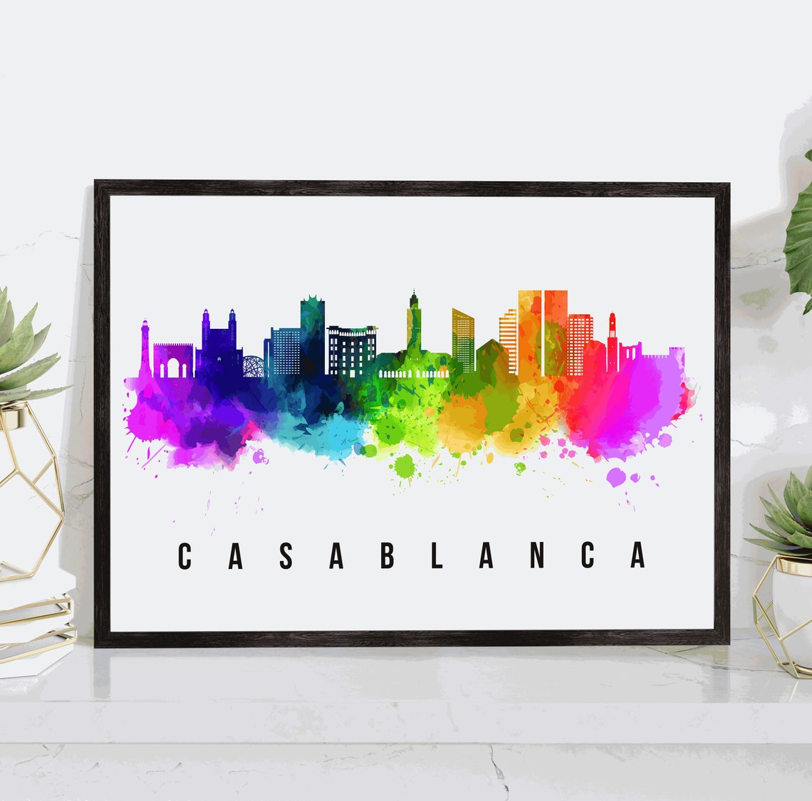 Casablanca Morocco Rainbow Watercolor Skyline Cityscape Wall Poster