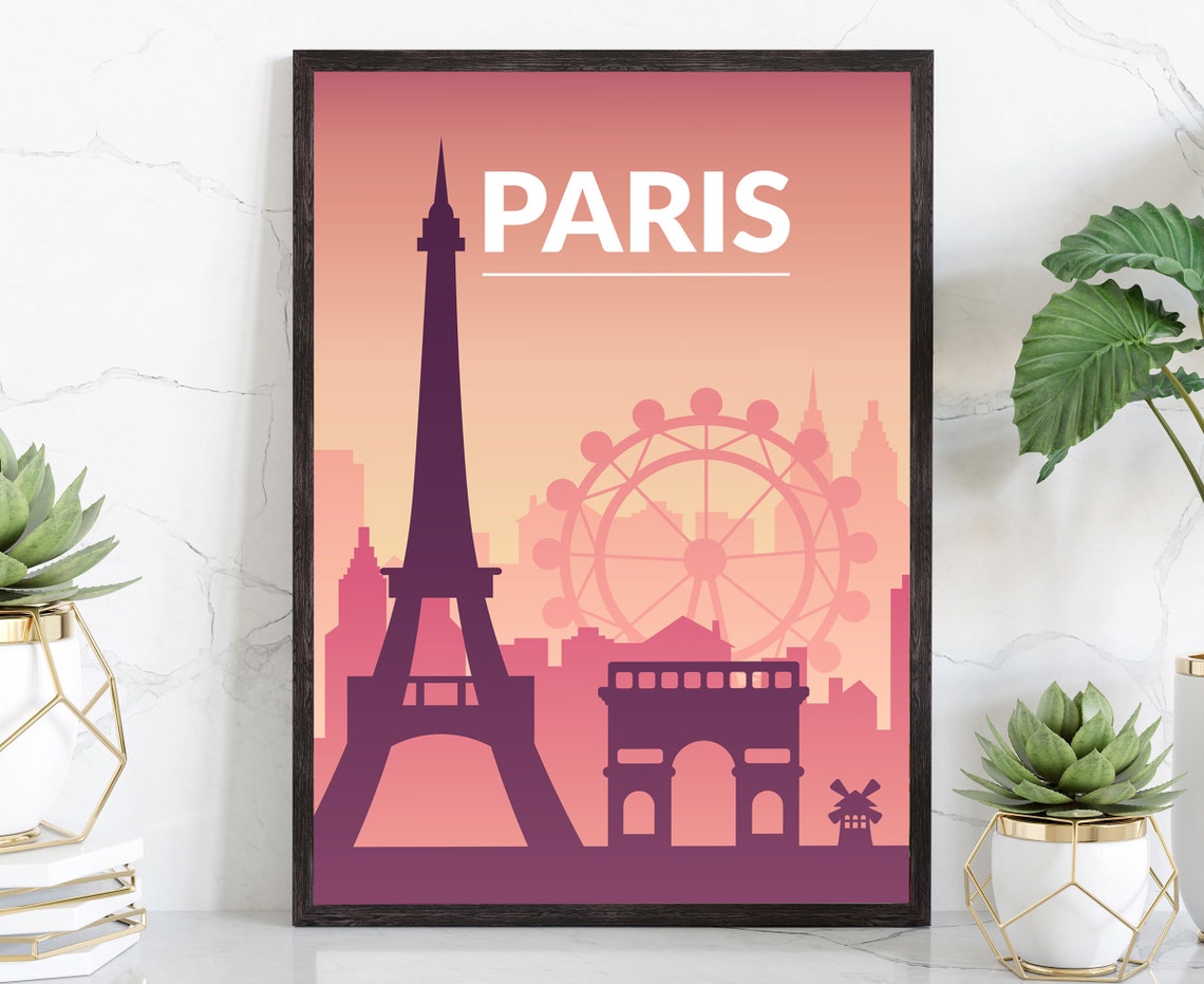 Paris Eiffel Tower Retro Sunset Vector Travel Poster Pink Sky Print
