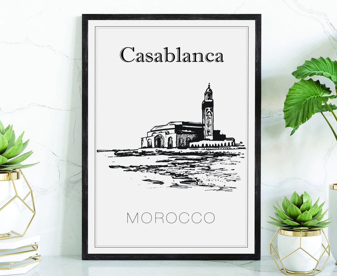 Casablanca Morocco Hassan II Mosque Hand Drawn Ink Sketch Poster Print