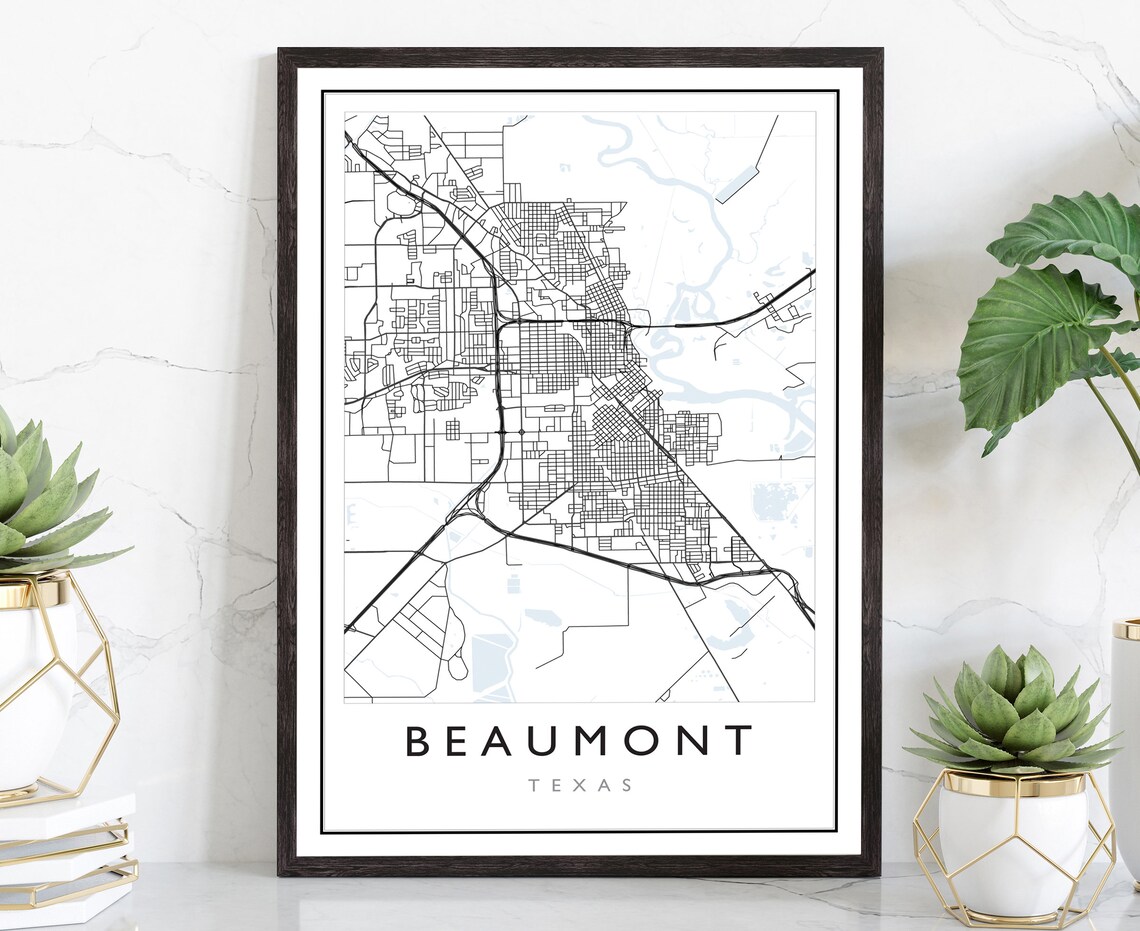 Beaumont Texas Minimalist City Street Map Black White Wall Art