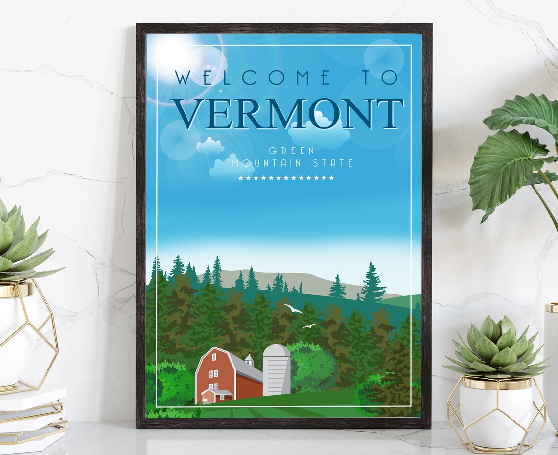 Vermont Green Mountain State Red Barn Country Scene Travel Poster