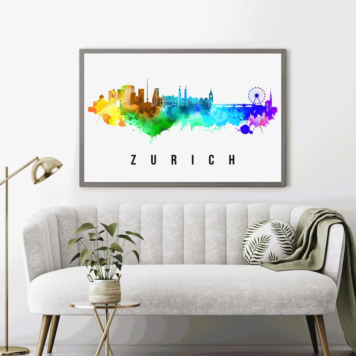 Zurich Switzerland Rainbow Watercolor City Skyline Silhouette Poster - Image 4