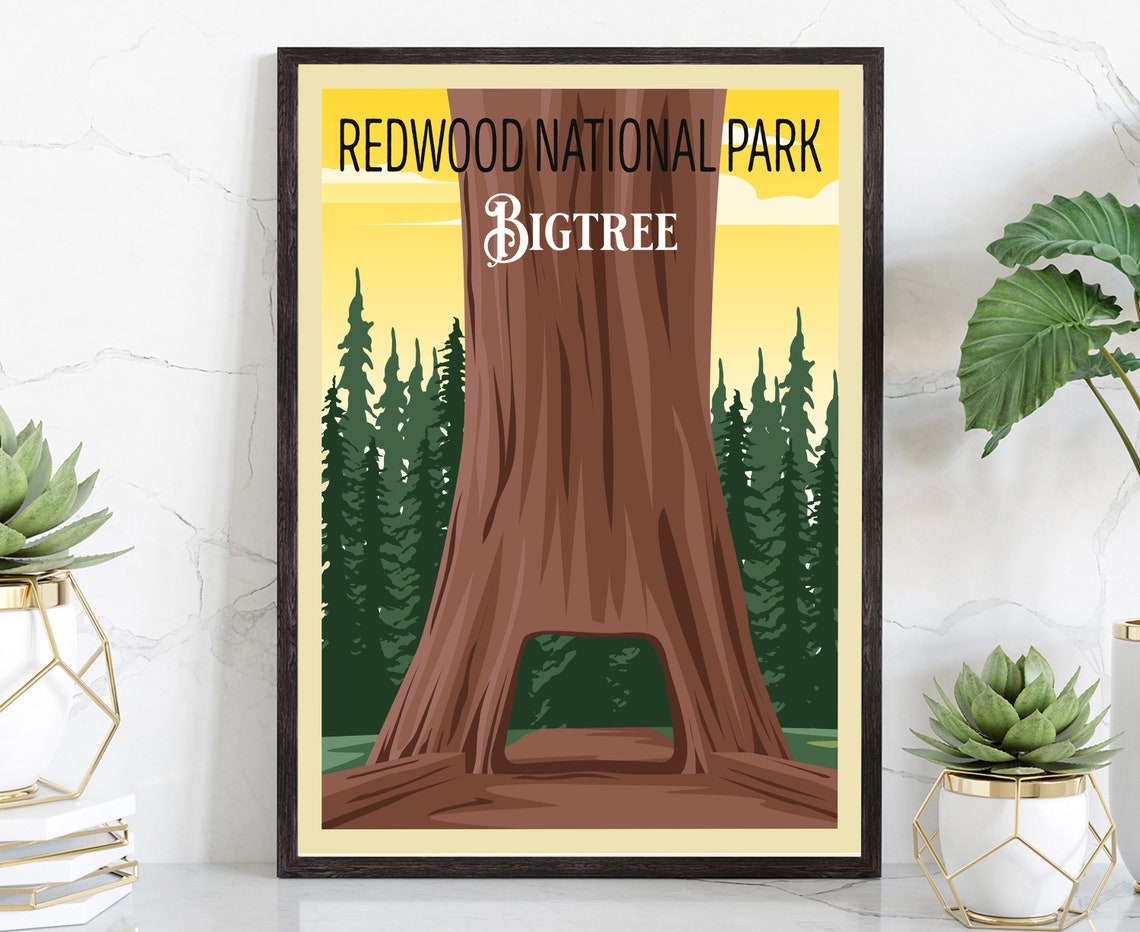 Red Wood National Park Travel Poster Print Retro Travel Poster Red Wood National Park In California Housewarming Gift Office Wall Art