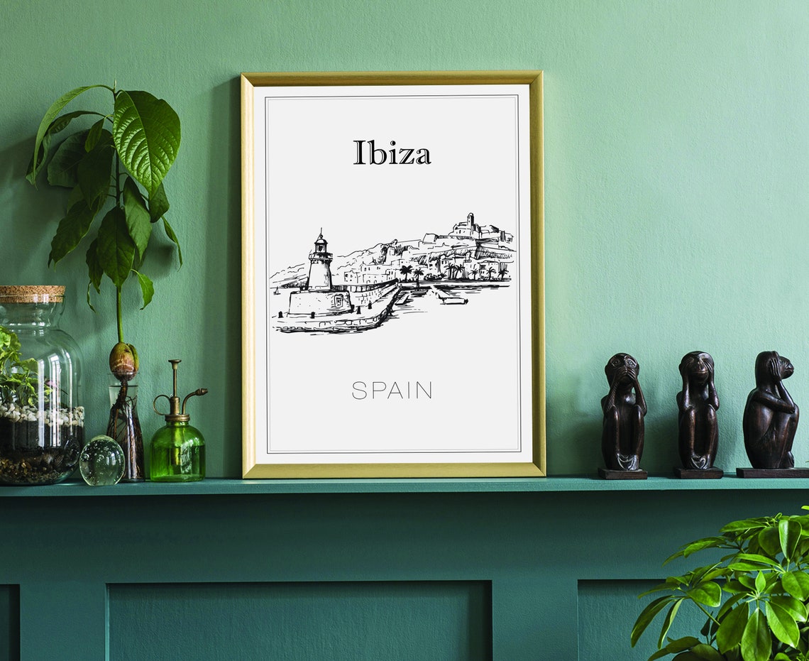 Ibiza Spain Lighthouse And Old Town Coast Hand Drawn Art Poster - Image 3