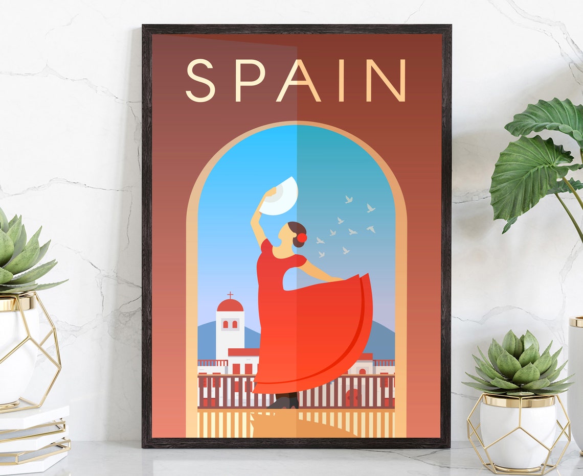 Spain Flamenco Dancer Red Dress Vintage Mediterranean Art Poster
