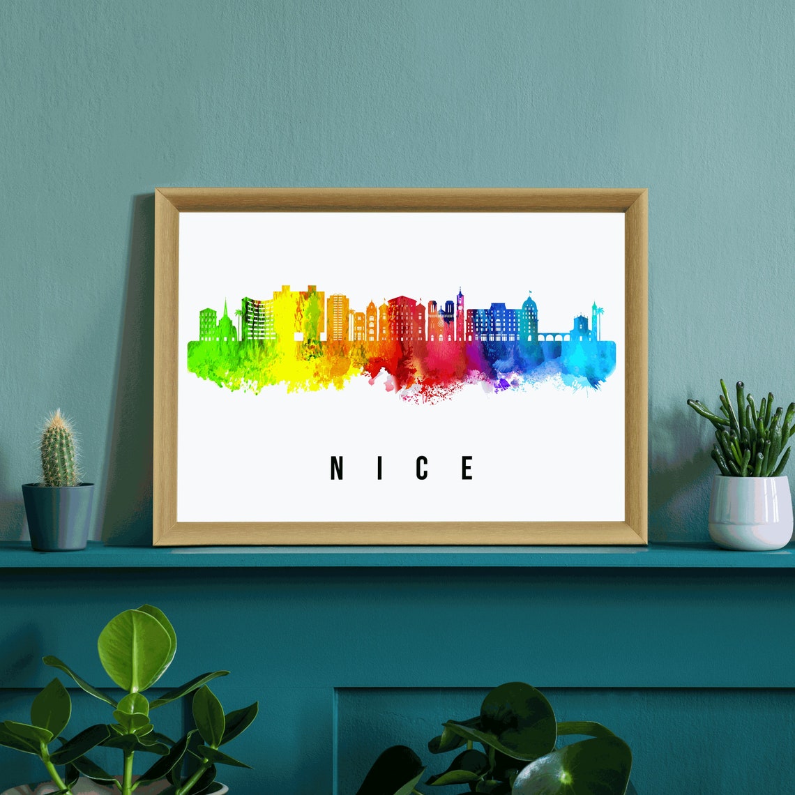 Nice France Rainbow Watercolor City Skyline Silhouette Art Poster - Image 3
