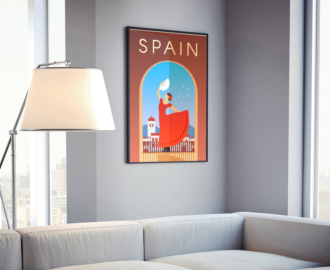 Spain Flamenco Dancer Red Dress Vintage Mediterranean Art Poster - Image 4