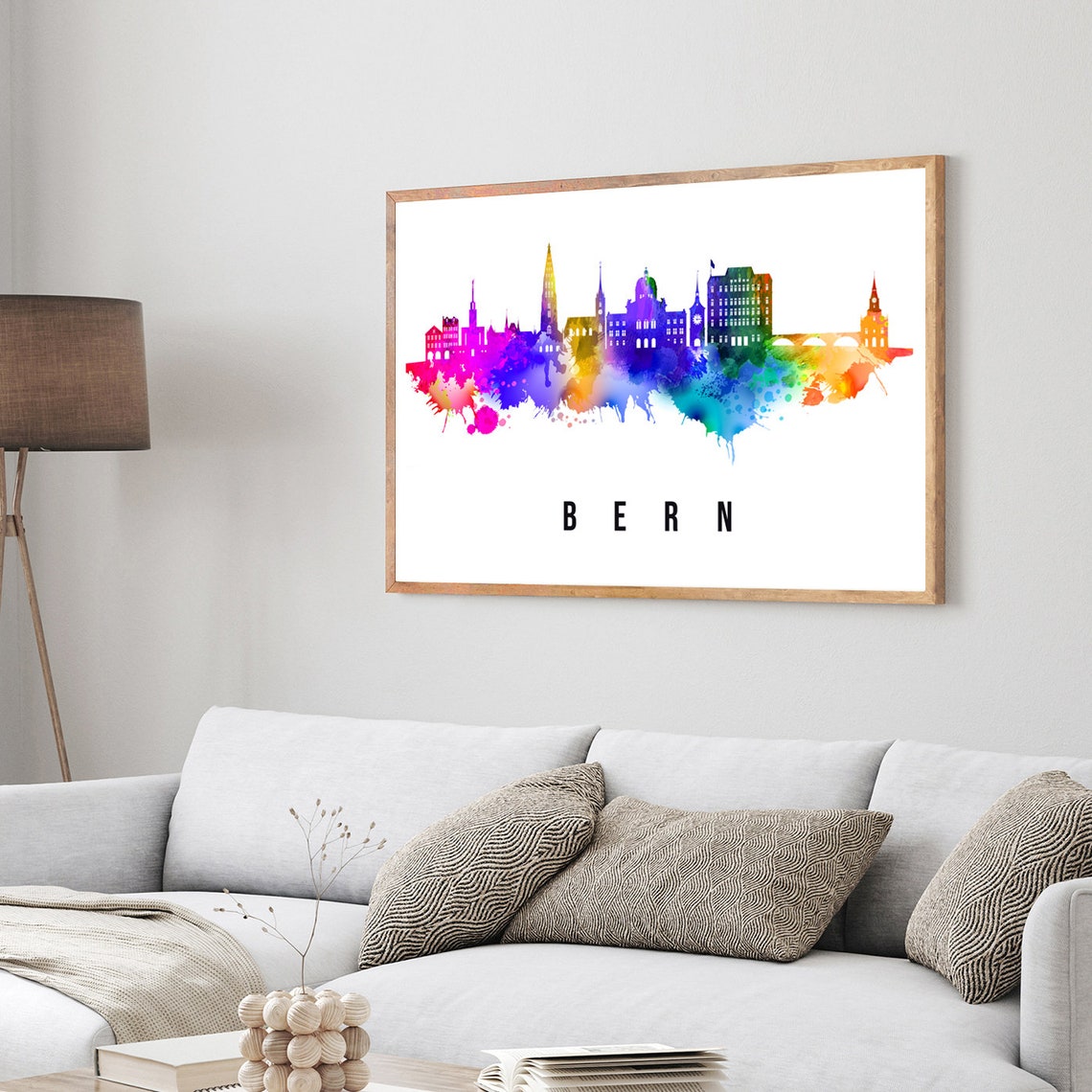 Bern Switzerland Rainbow Watercolor Old Town Skyline View Poster - Image 3
