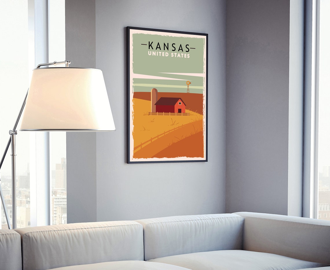Kansas Golden Prairie Red Barn Windmill Vintage Travel Poster - Image 4