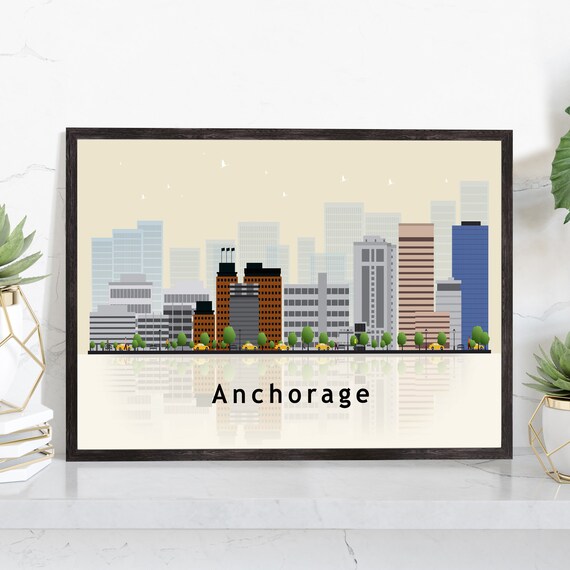 Anchorage Alaska Downtown Skyline Vector Illustration City Poster