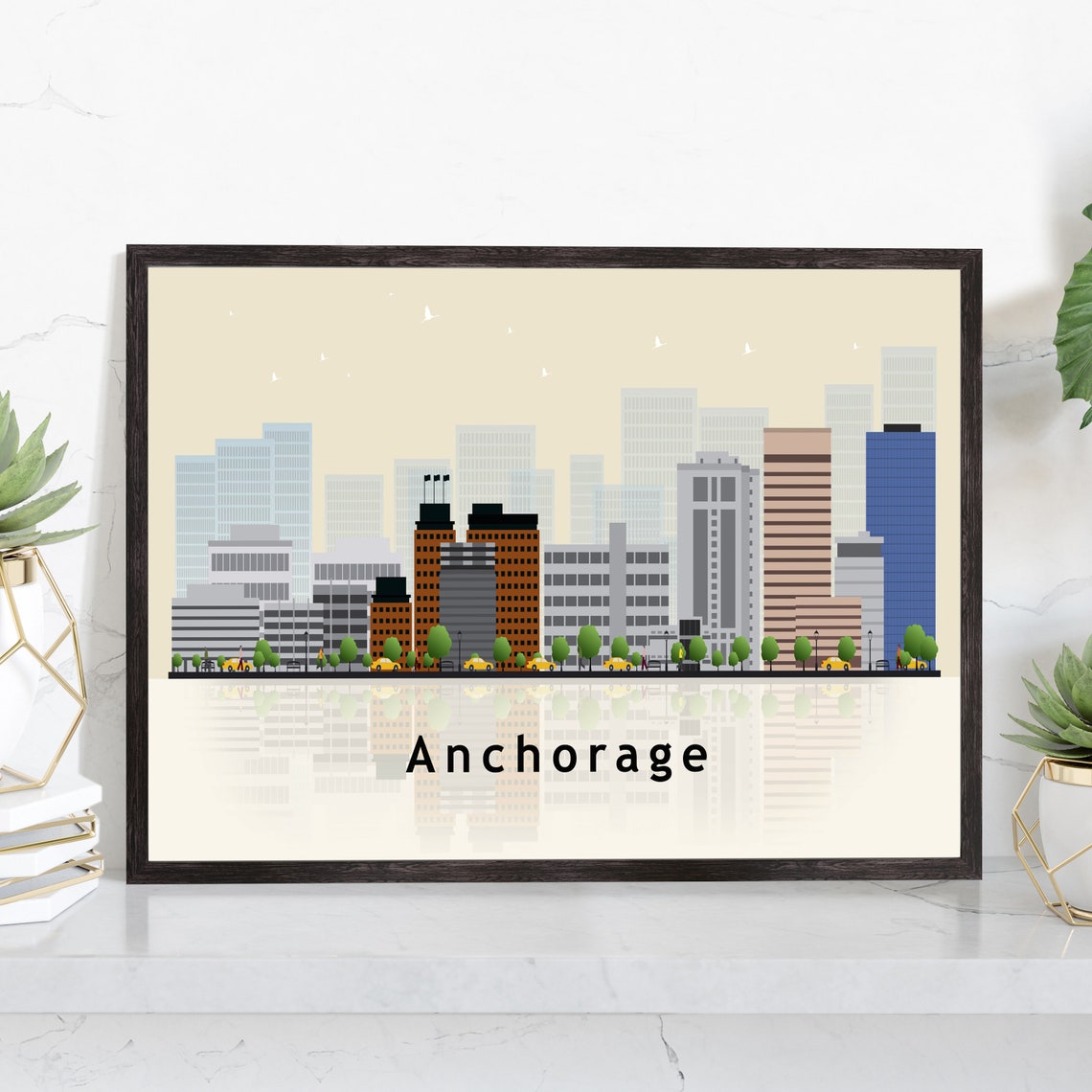 Anchorage Alaska Downtown Skyline Vector Illustration City Poster