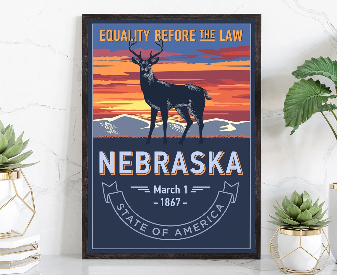 Nebraska Equality Before The Law Retro Deer Sunset State Emblem Poster