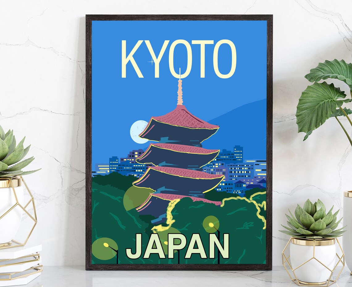 Kyoto Japan Yasaka Pagoda Moonlit Night Skyline Retro Travel Poster