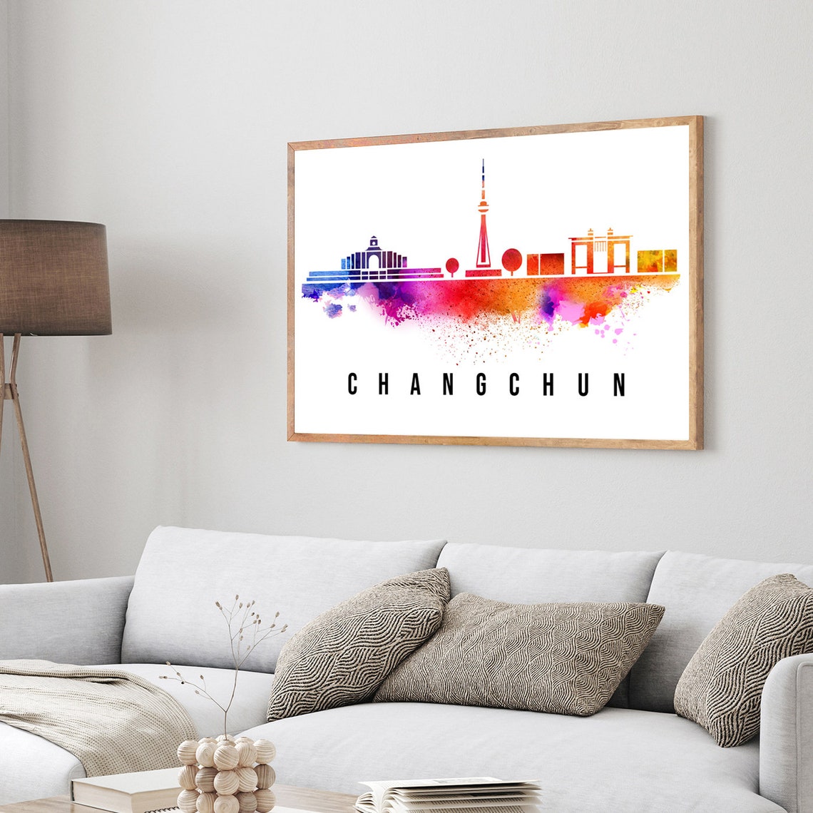 Changchun China Watercolor Skyline Tower Stadium Silhouette Wall Art - Image 3