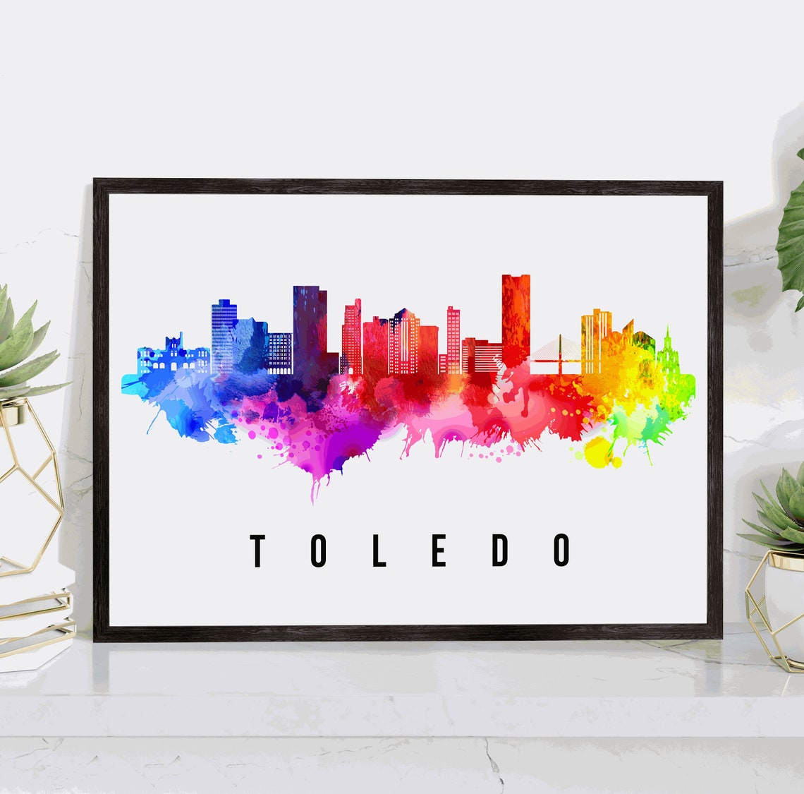 Toledo Spain Rainbow Watercolor Splash Skyline Cityscape Art Poster