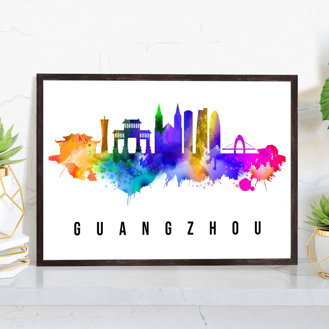 Guangzhou China Rainbow Watercolor Skyline Pavilion Towers Poster