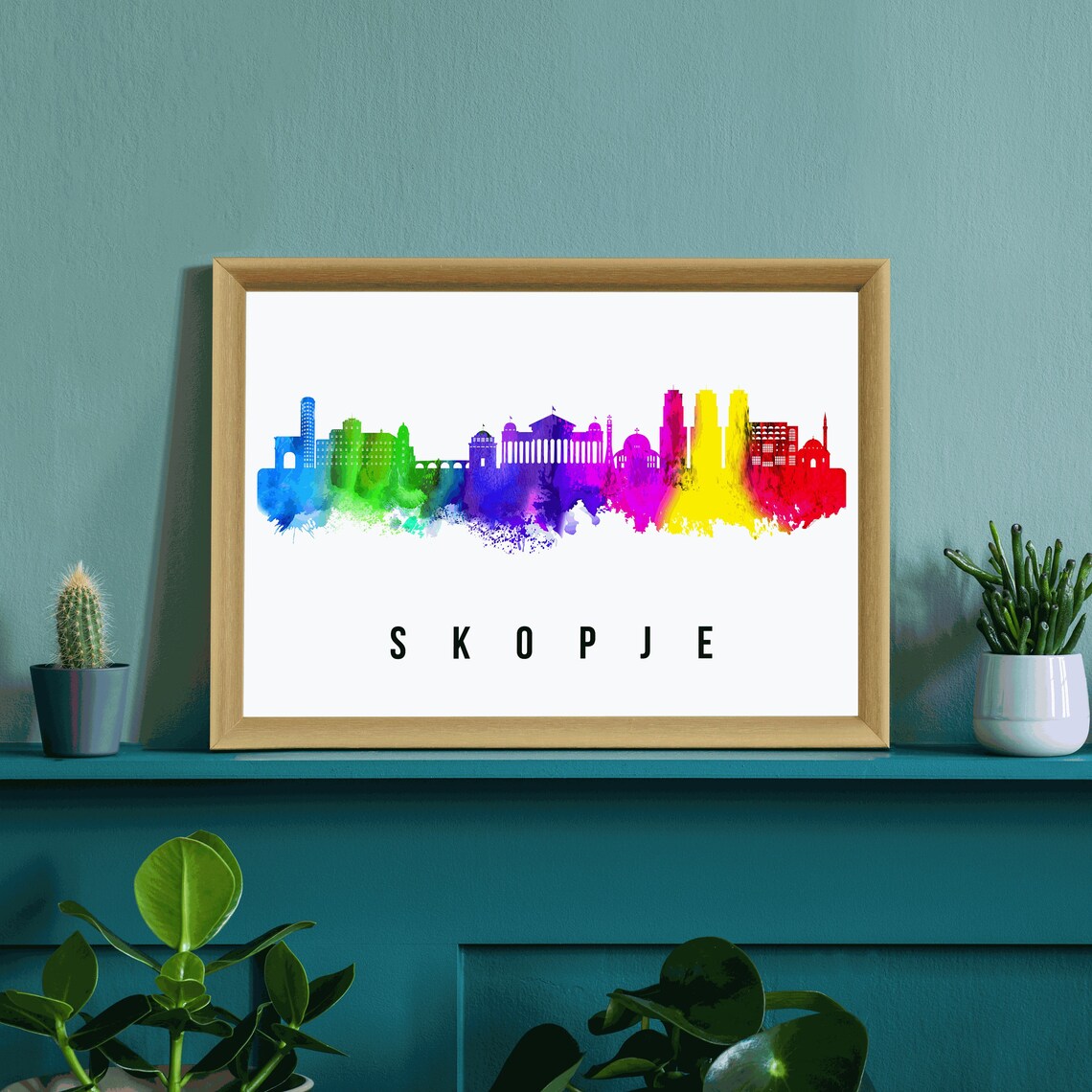 Skopje Rainbow Watercolor City Skyline Silhouette Art Wall Poster - Image 3