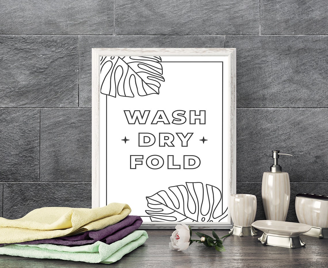 Wash Dry Fold Laundry Quote Monstera Leaf Line Art Minimalist Poster - Image 3