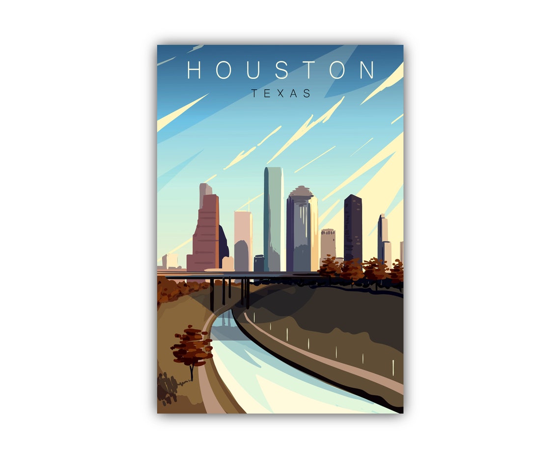 Houston Texas Downtown Freeway Retro Vector Art Style Travel Poster - Image 2