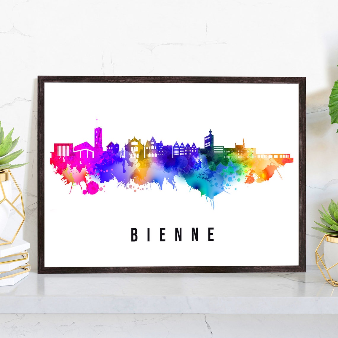 Bienne Switzerland Rainbow Watercolor Skyline Cityscape Poster