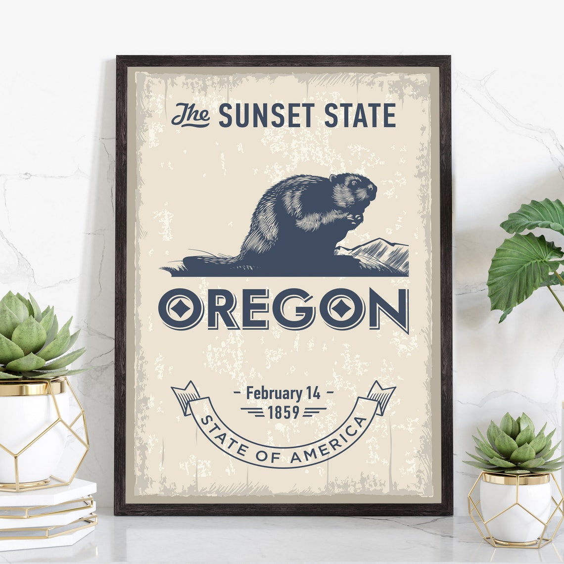 Oregon Sunset State Beaver Emblem Vintage Style Travel Wall Art Poster