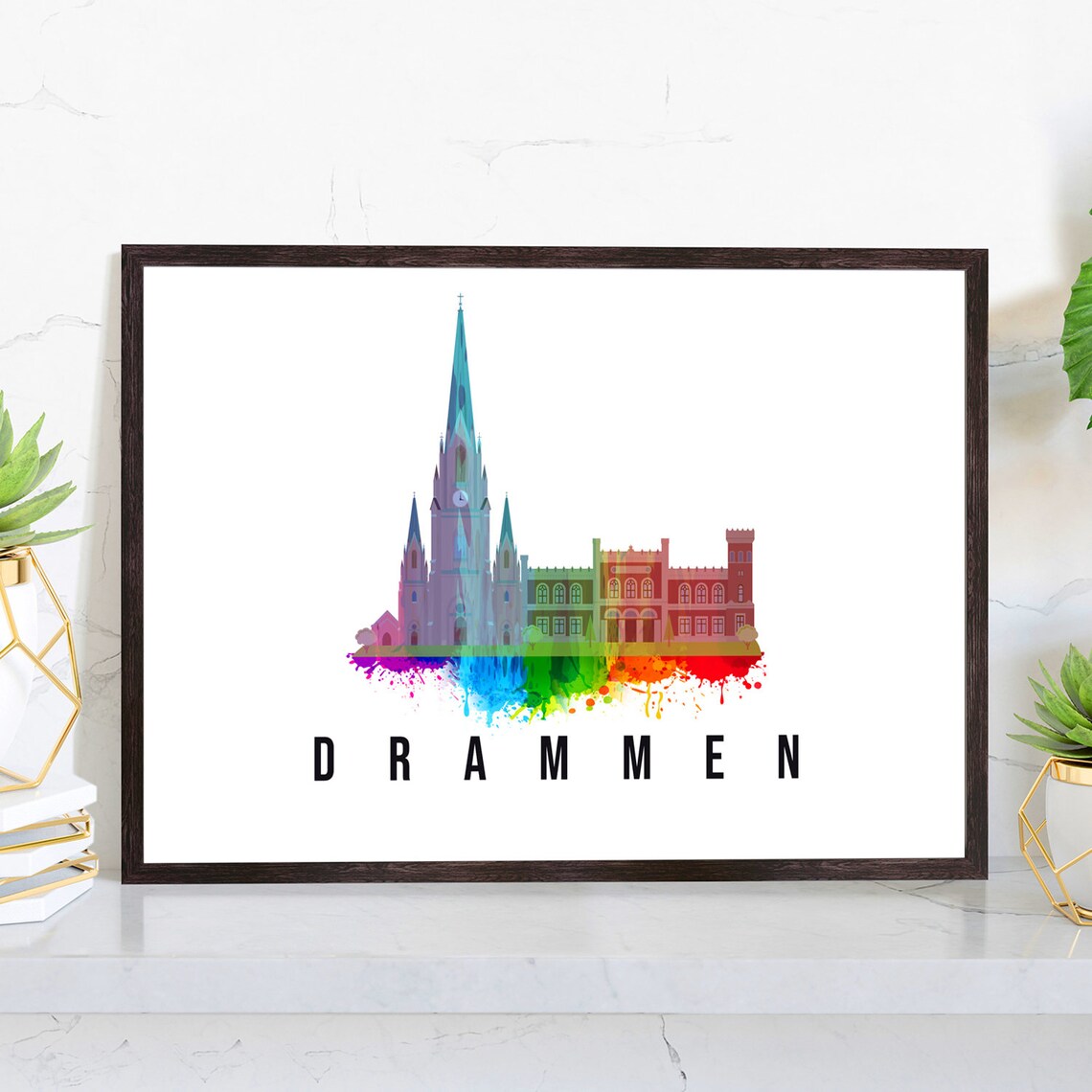Drammen Norway Tall Spire Church Watercolor Town Skyline Poster