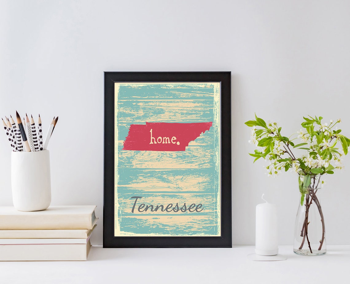Tennessee Home Red State Shape Distressed Teal Rustic Travel Poster - Image 2