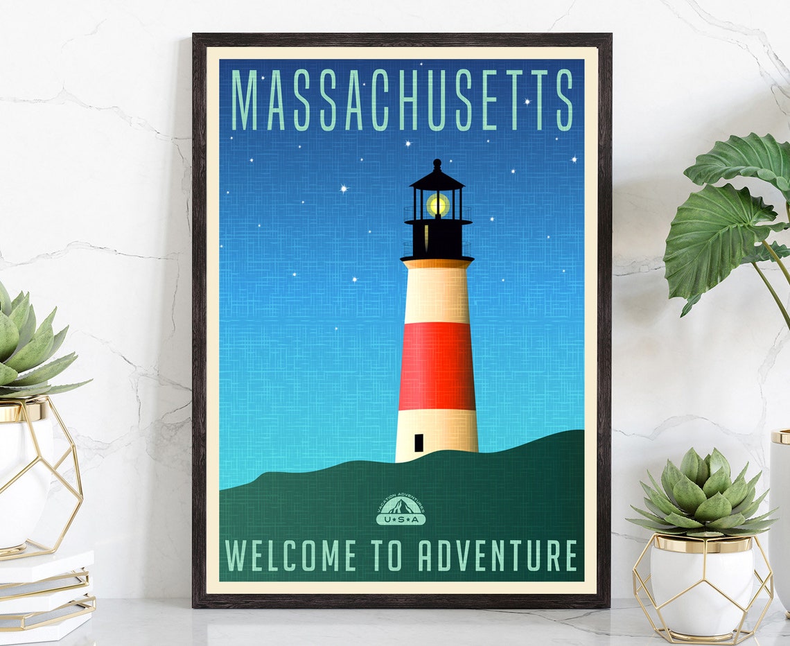 Massachusetts Lighthouse Night Sky Retro Coast Travel Poster