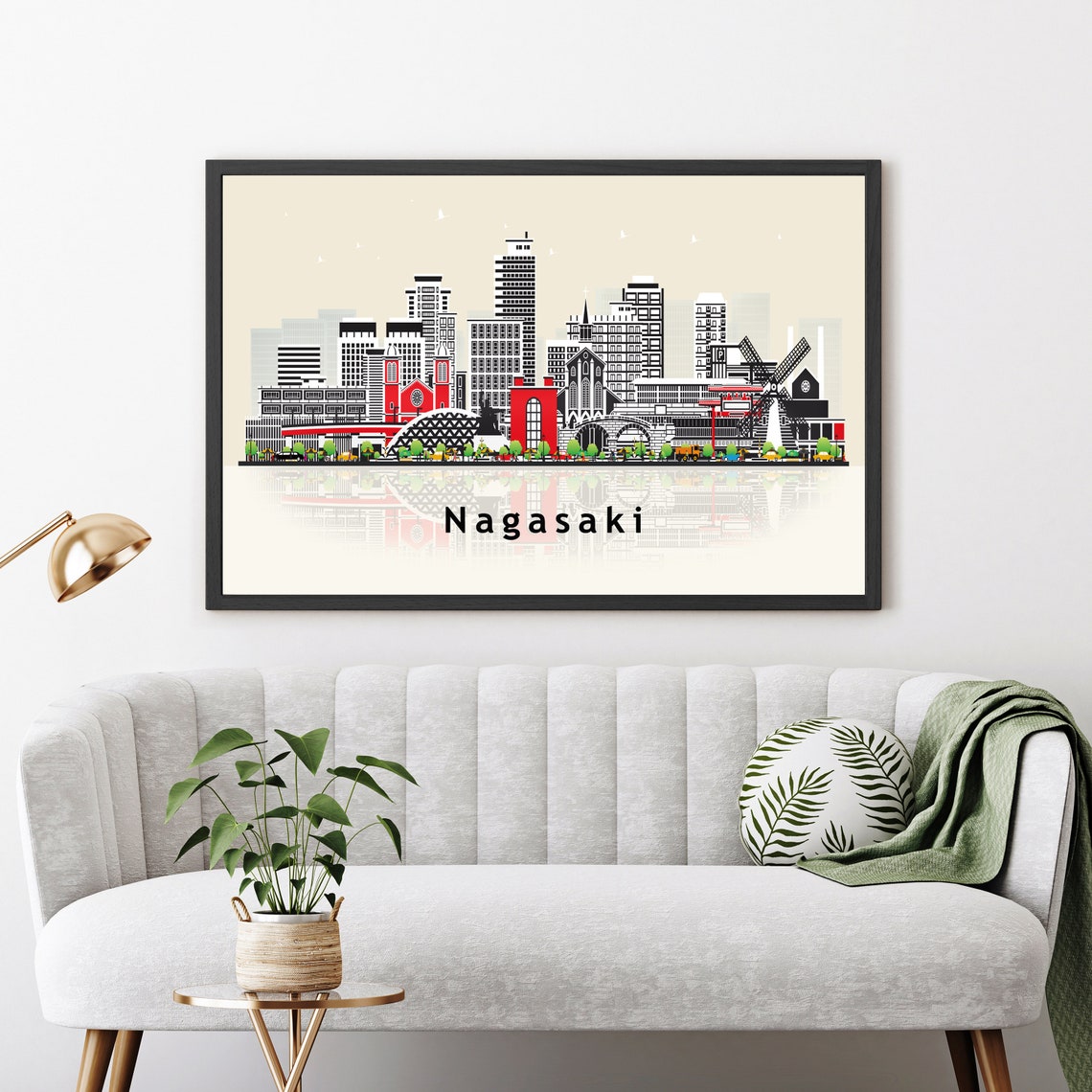 Nagasaki Japan Historic Skyline Flat Vector Illustration Poster
