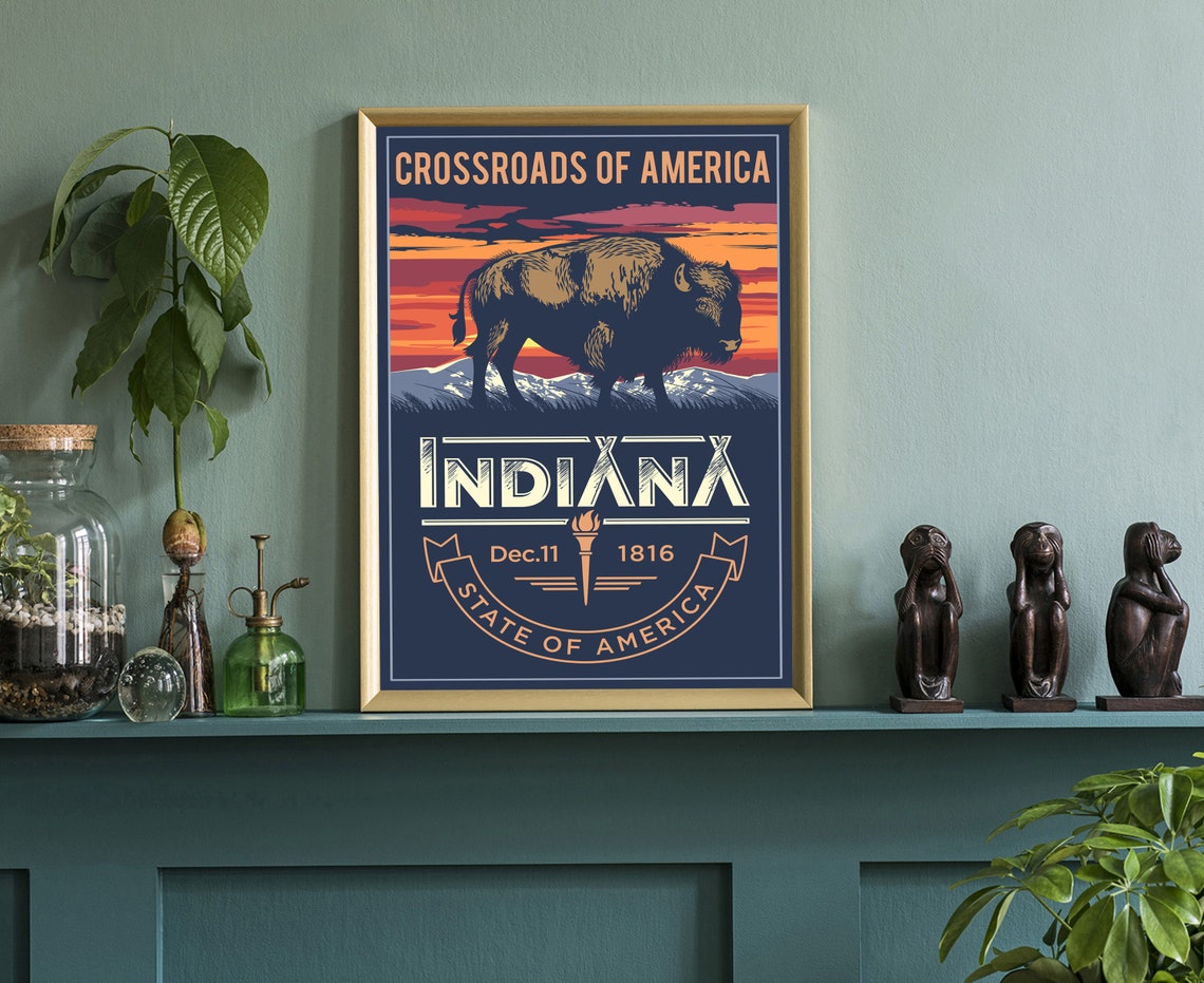 Indiana Crossroads Of America Retro Bison Sunset State Emblem Poster - Image 3