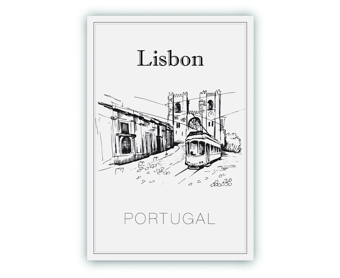 Lisbon Portugal Tram And Cathedral Hand Drawn Line Art Travel Poster - Image 2