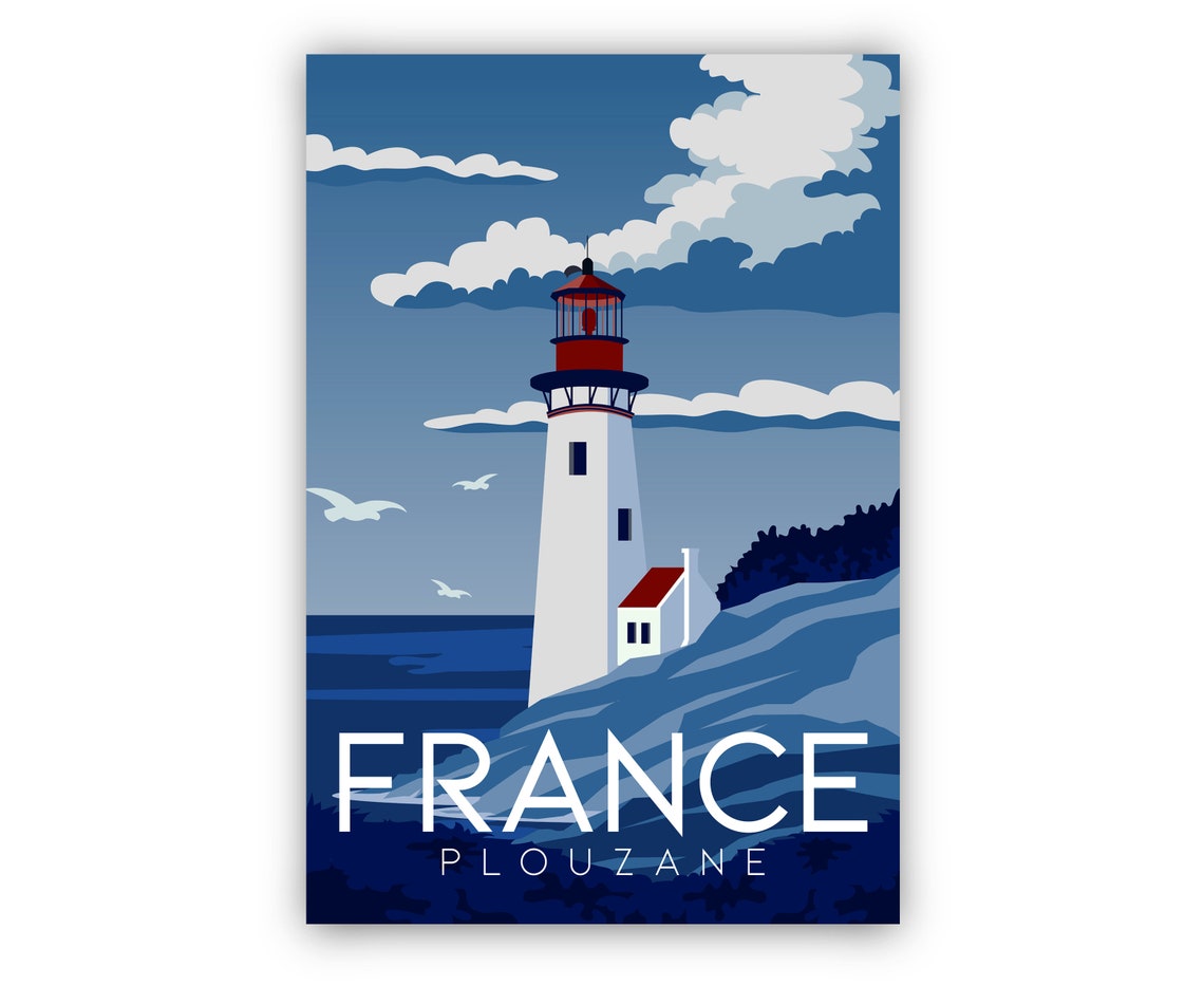 France Plouzane Lighthouse Brittany Coast Blue Sea Travel Poster - Image 3