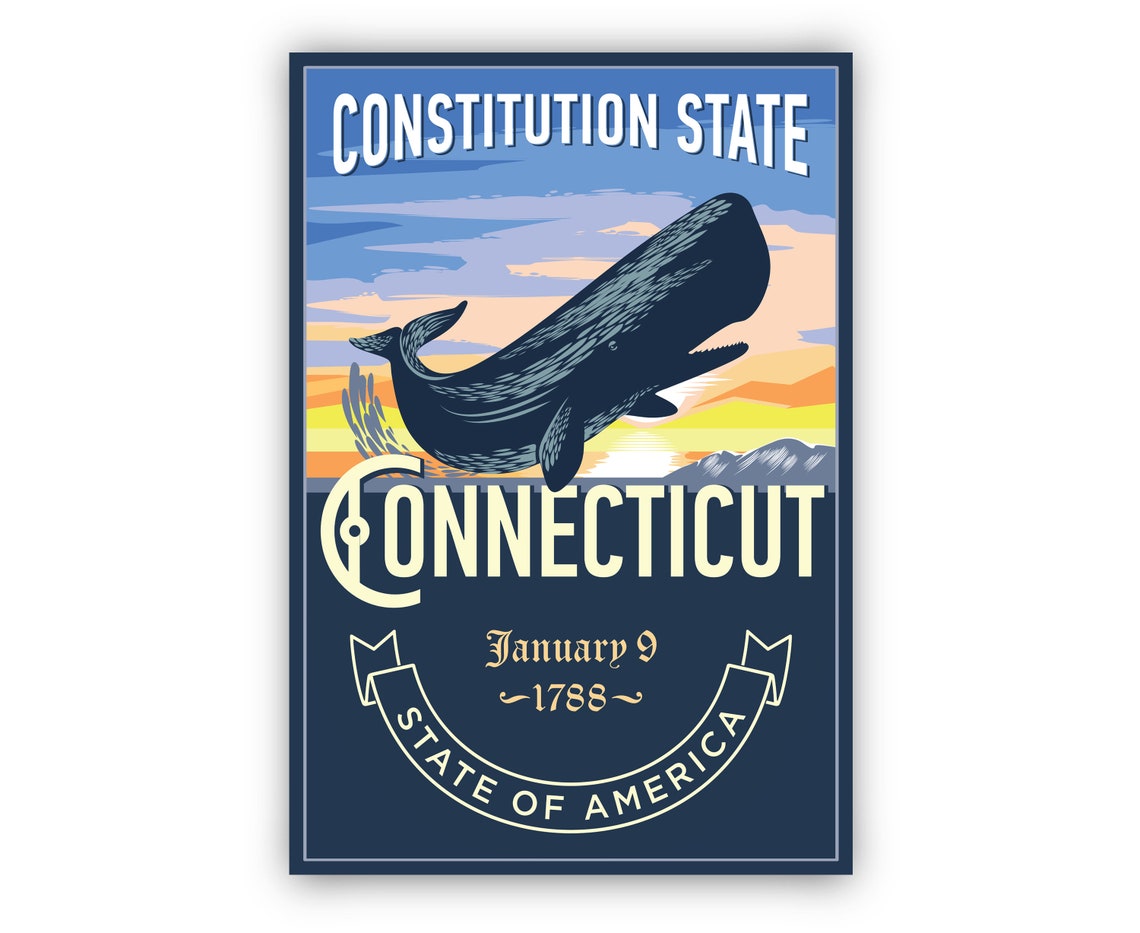 Connecticut Constitution State Whale Sunset Retro Emblem Travel Poster - Image 3