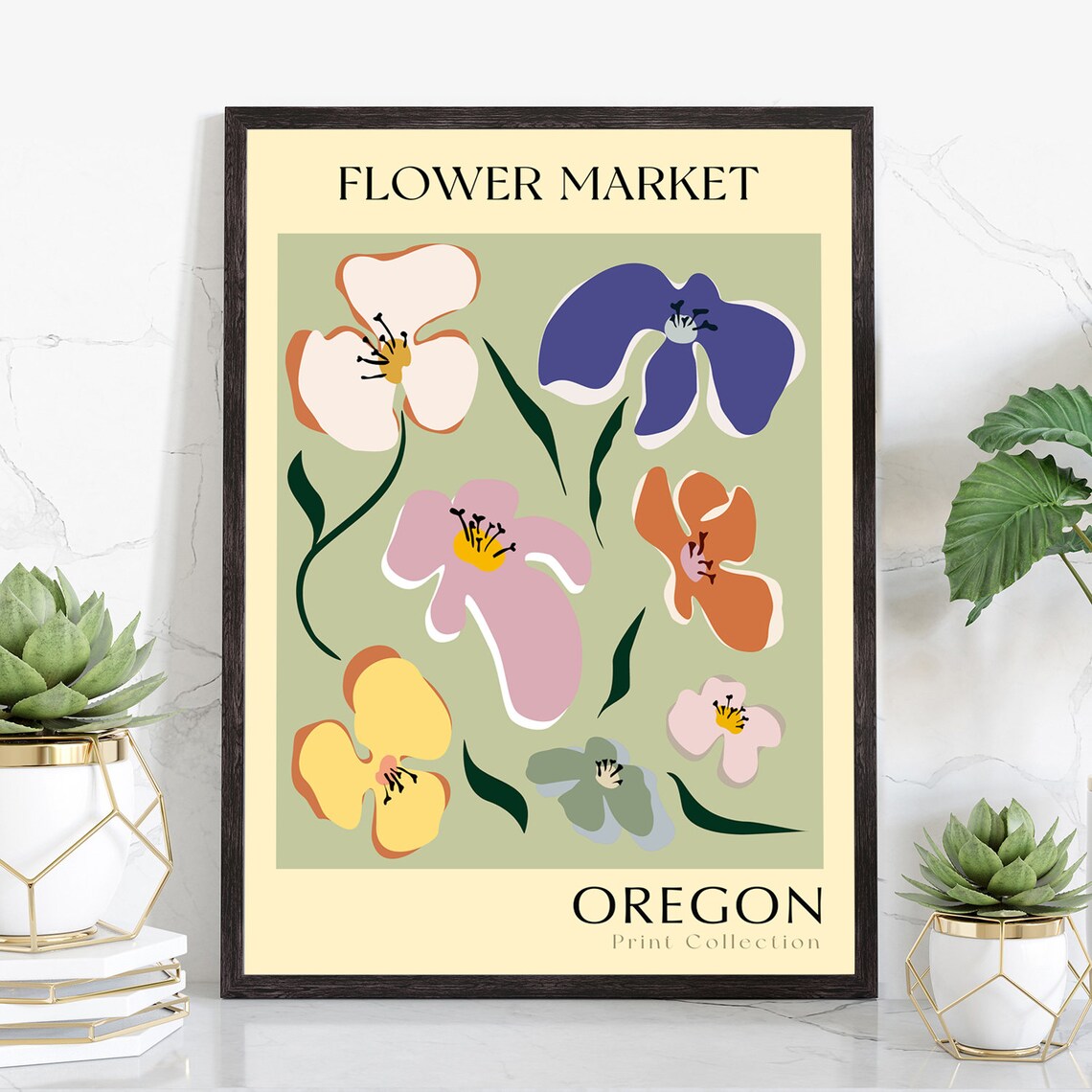 Oregon Flower Market Pastel Bloom Garden Modern Botanical Art Poster