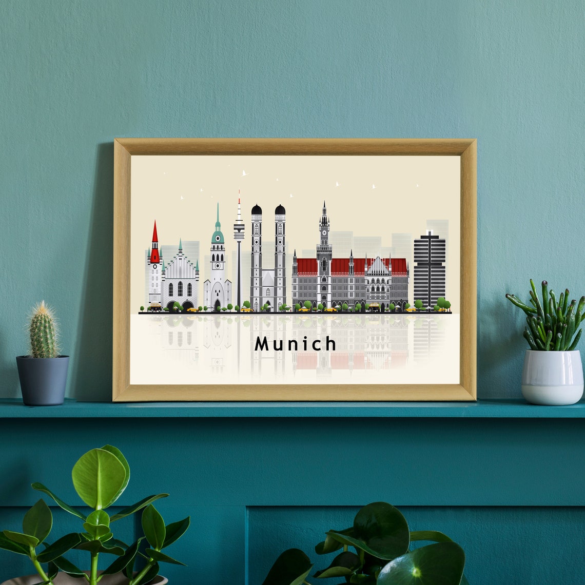 Munich Germany Cream Skyline Illustration Landmarks Reflection Poster - Image 3