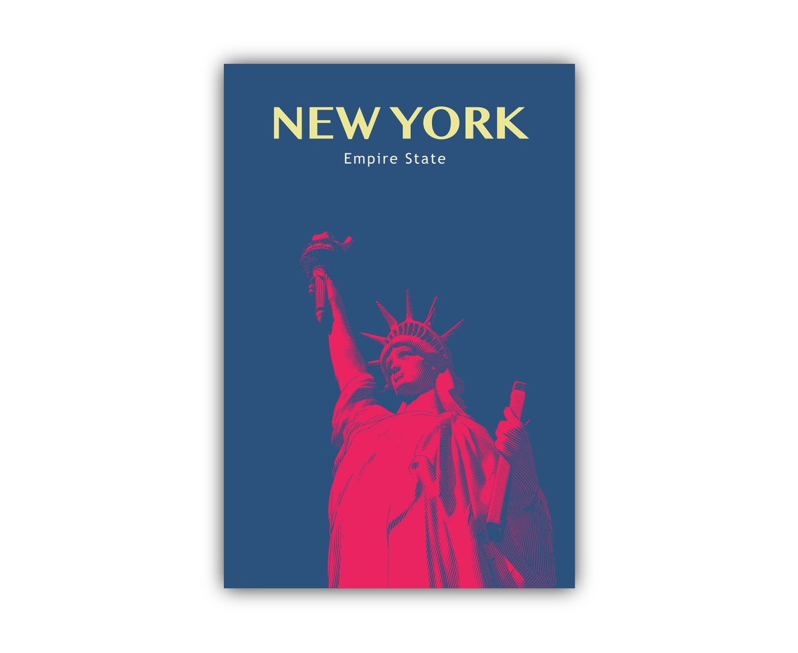New York Empire State Statue Of Liberty Retro Red Navy Travel Poster - Image 2