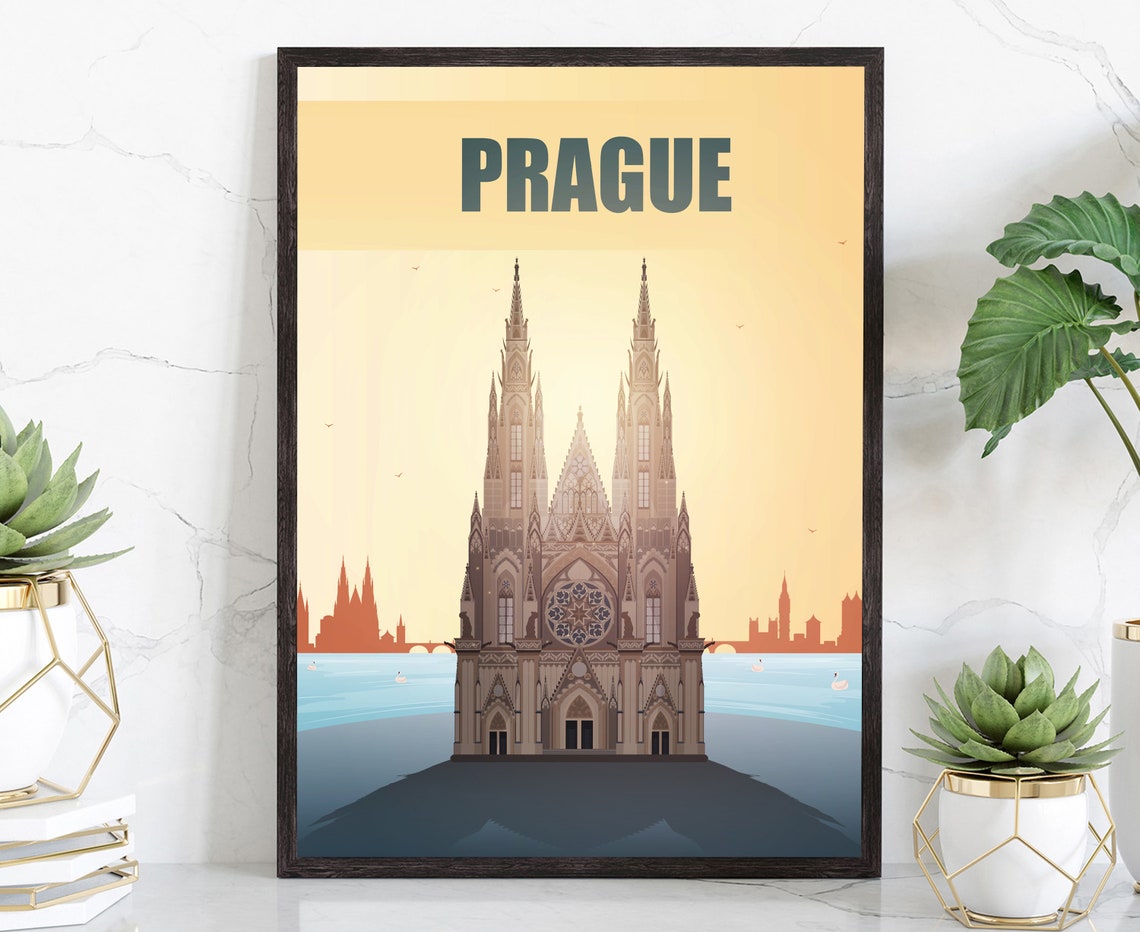 Prague St Vitus Cathedral Sunset Vltava River Retro Travel Poster