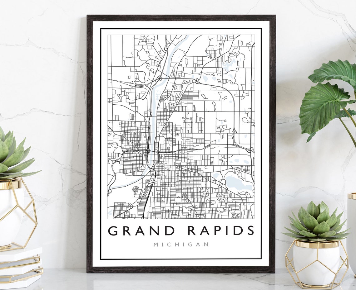 Grand Rapids Michigan Downtown Black Line Street Map Wall Art