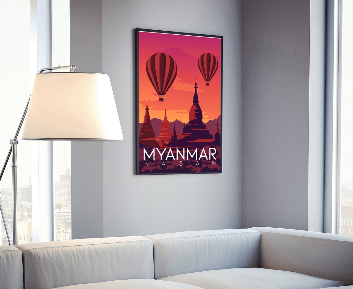 Bagan Myanmar Hot Air Balloons Temple Sunset Retro Travel Poster Print - Image 4