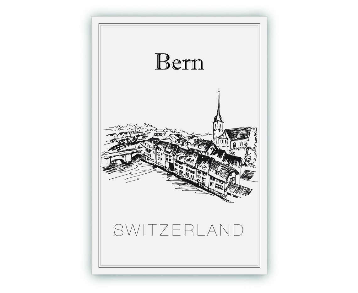 Bern Switzerland Old Town River Bridge Church Spire Sketch Poster - Image 2