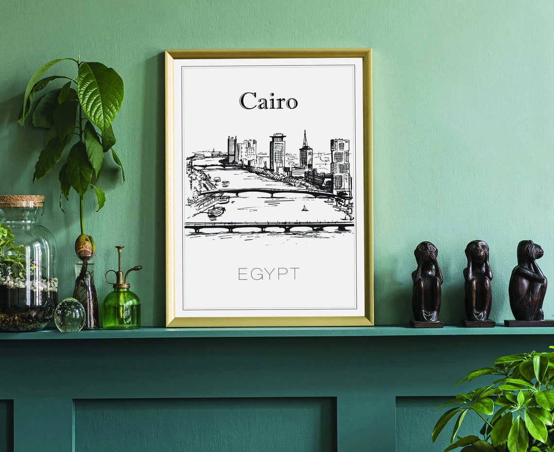 Cairo Egypt Downtown Nile River Bridges Skyline Sketch Art Poster - Image 3