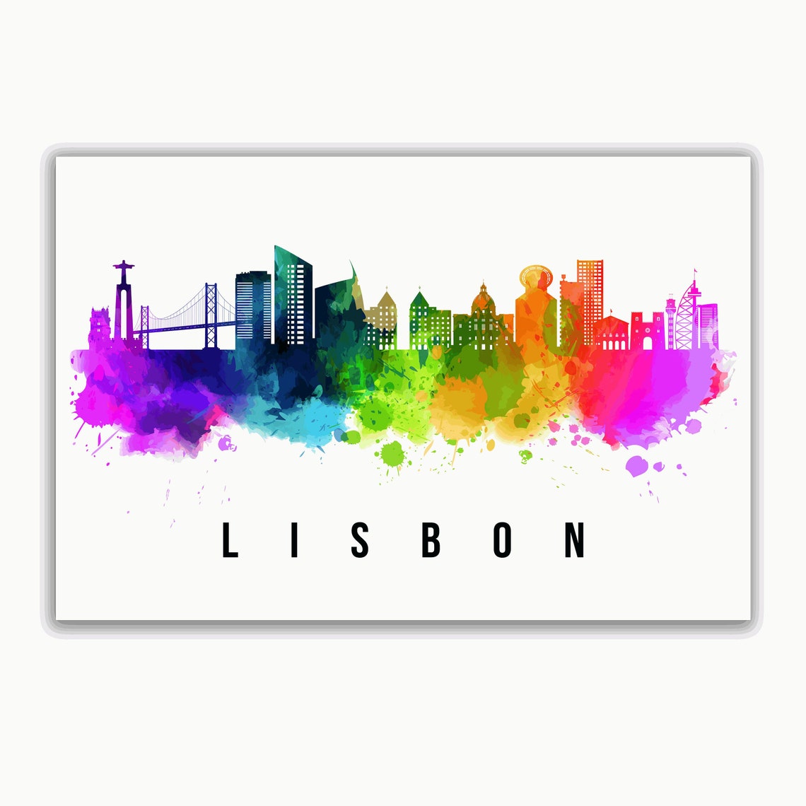 Lisbon Portugal Rainbow Watercolor Skyline Silhouette Art Poster - Image 2