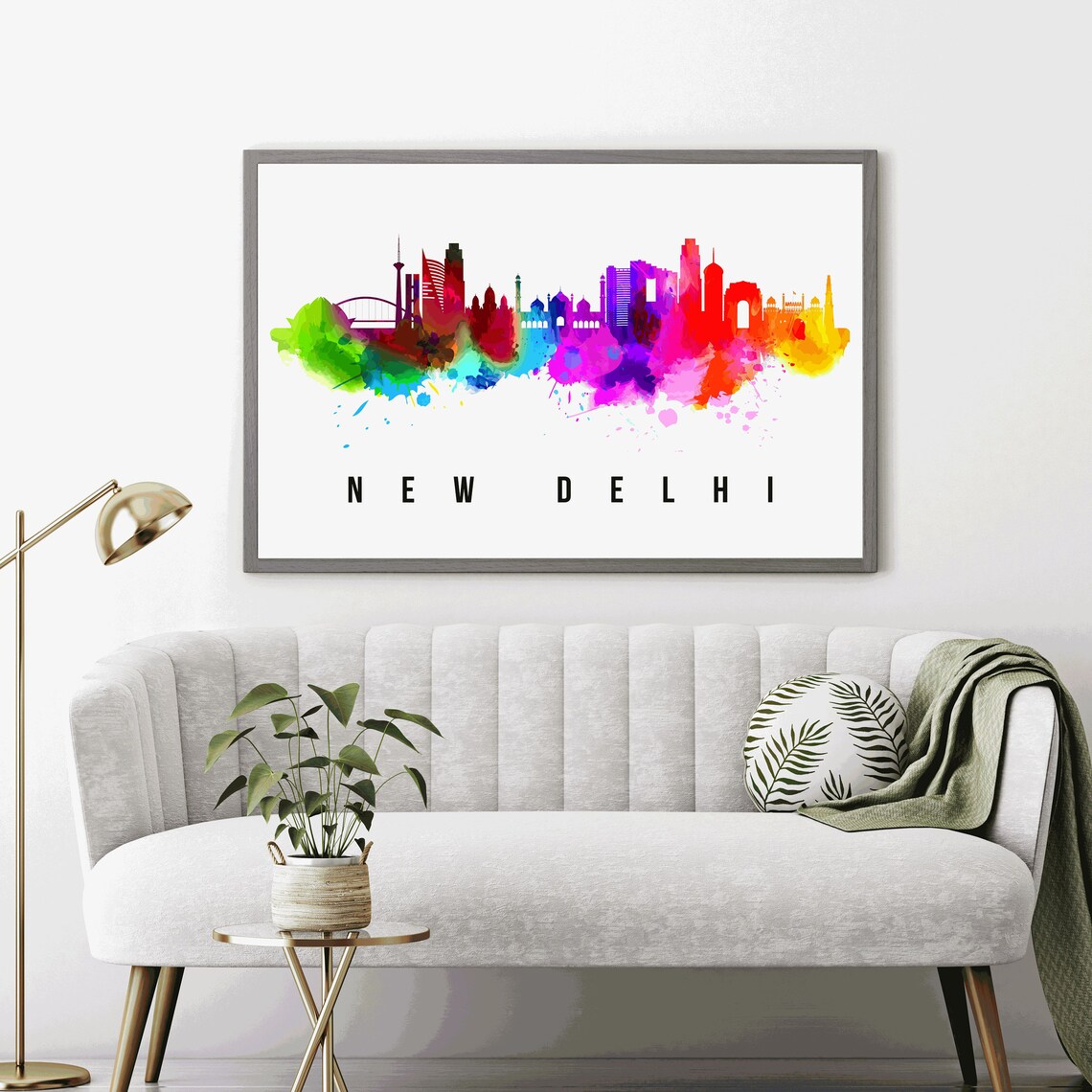 New Delhi India Gate Rainbow Watercolor Skyline Travel Poster - Image 4