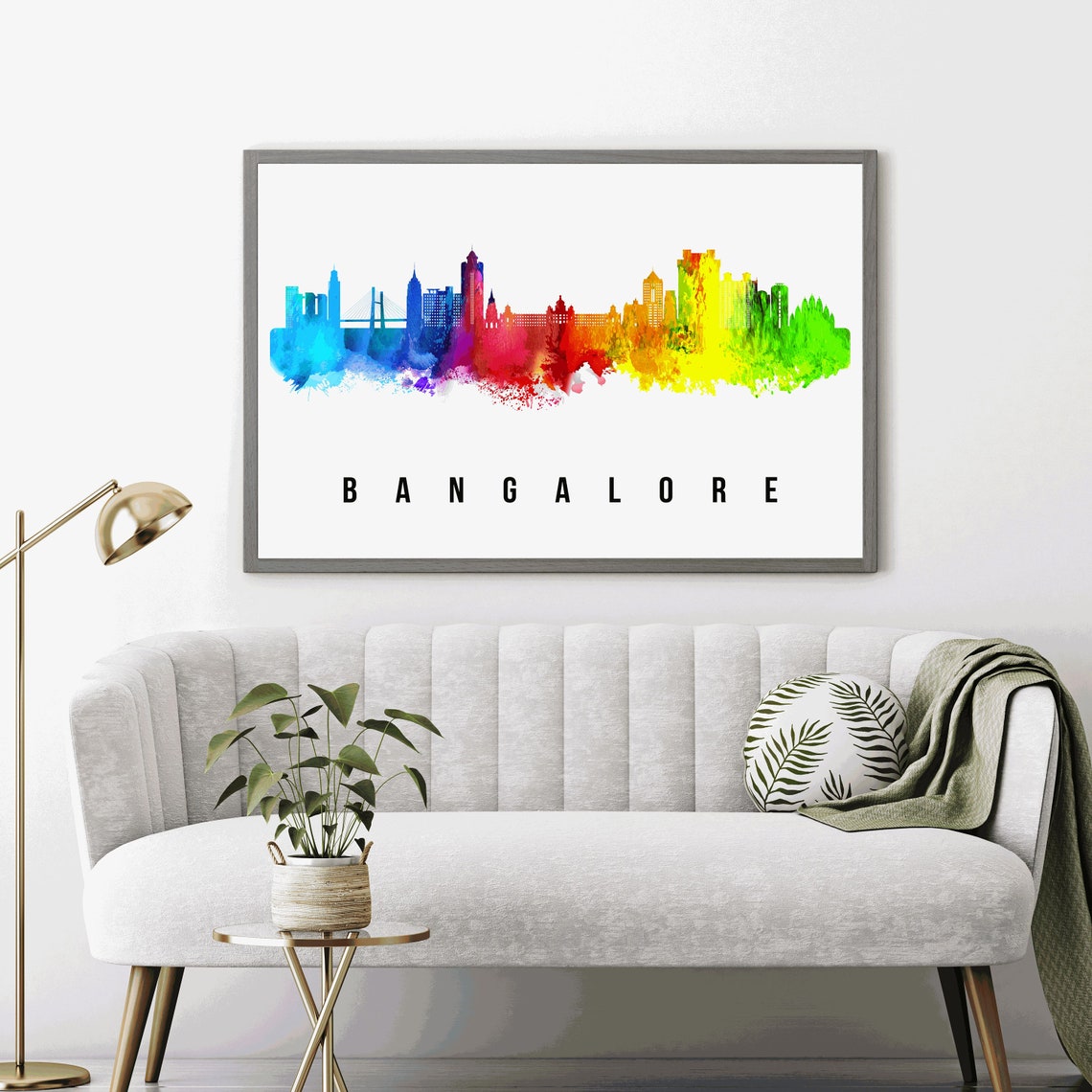 Bangalore India Rainbow Watercolor Splash Skyline City Wall Art - Image 4