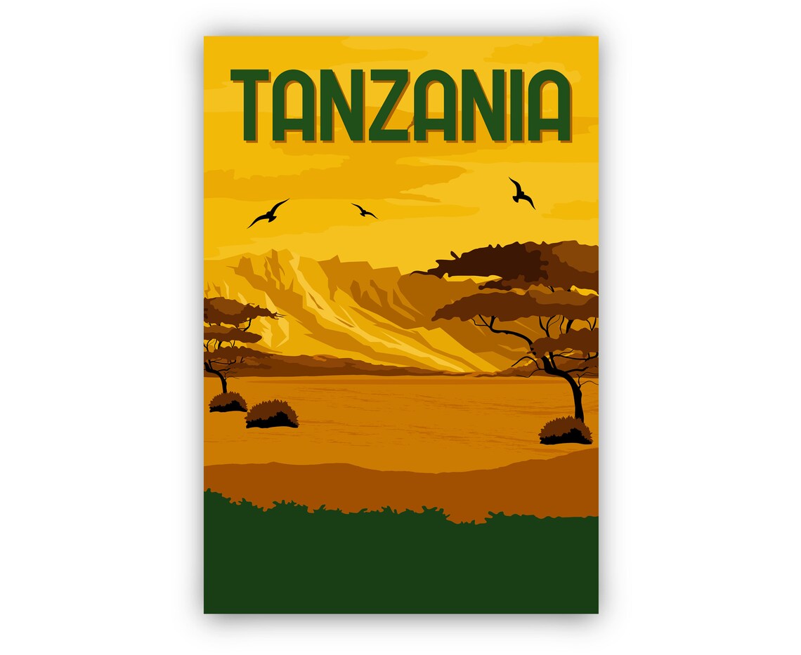 Tanzania Retro Safari Savanna Acacia Trees Sunset Travel Poster - Image 2