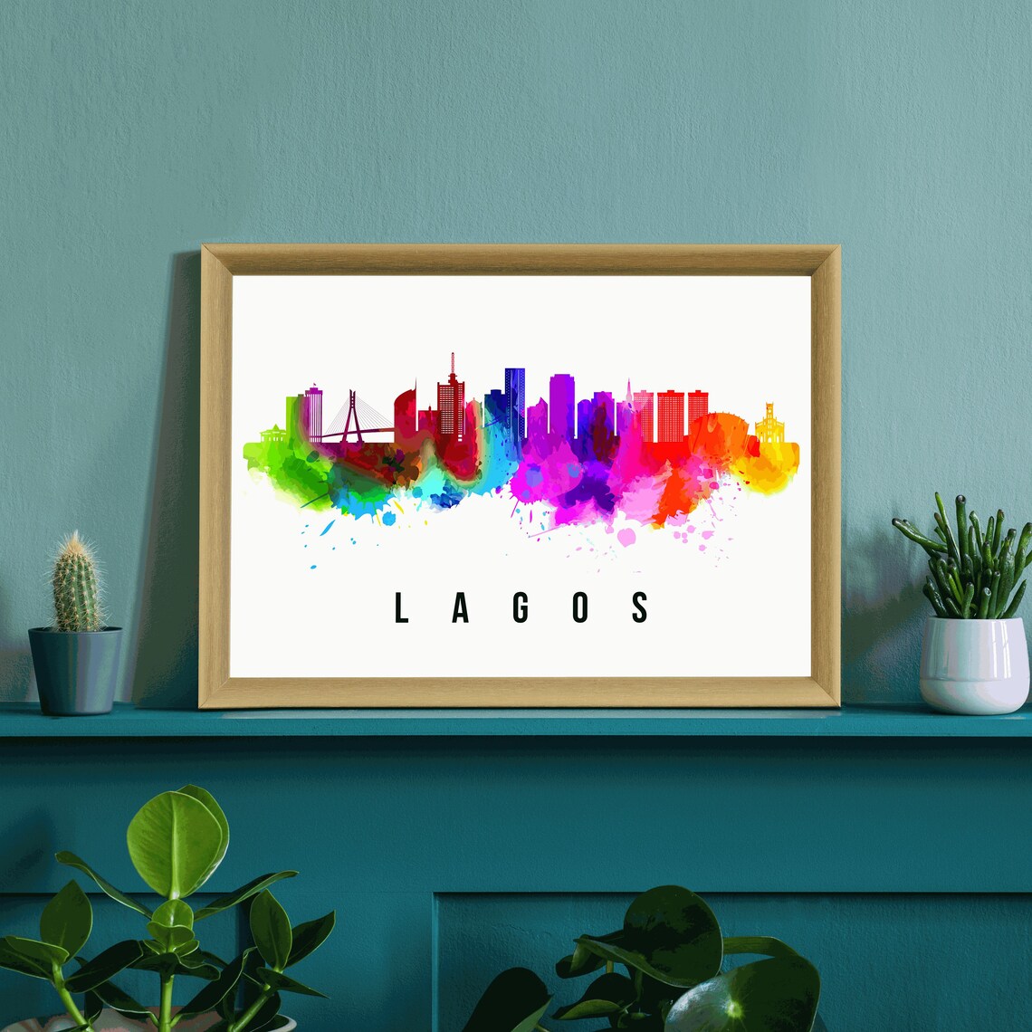 Lagos Nigeria Rainbow Watercolor Splash Skyline City Travel Poster - Image 3