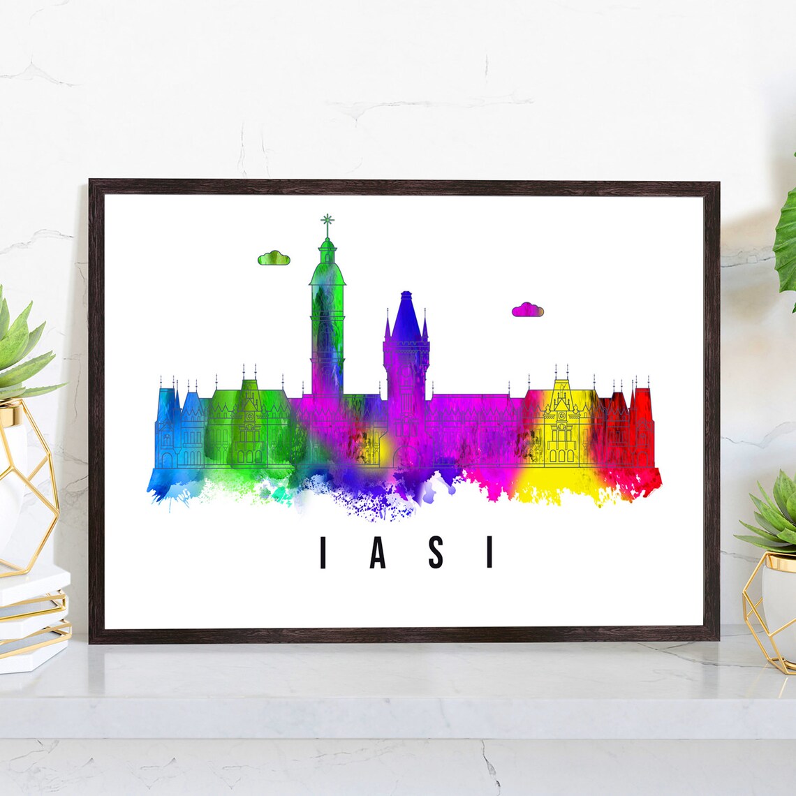 Iasi Romania Rainbow Watercolor Skyline Historic Churches Poster
