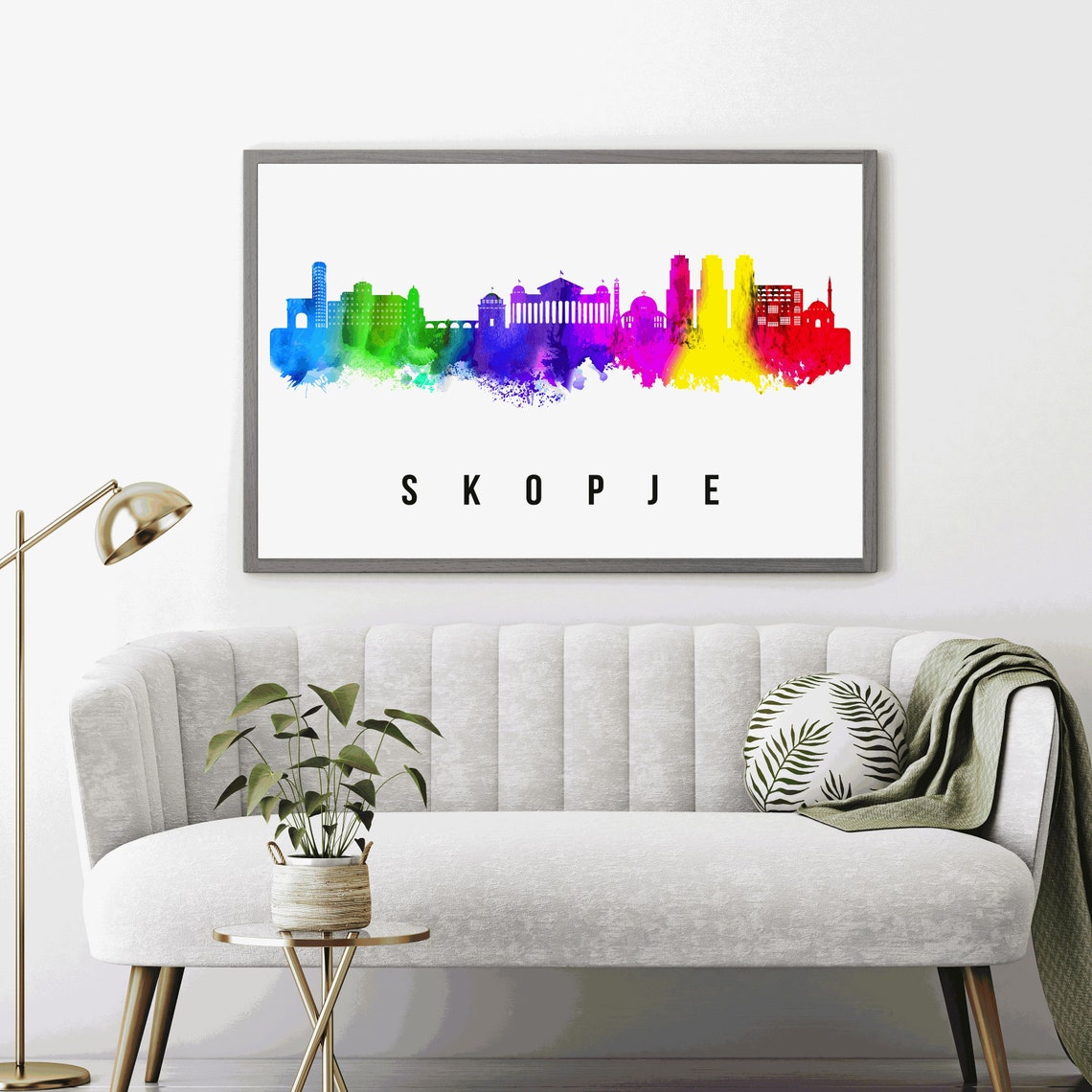 Skopje Rainbow Watercolor City Skyline Silhouette Art Wall Poster - Image 4